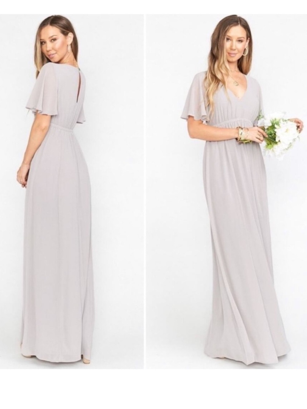 Show Me Your MuMu Light Gray Flutter Sleeve V-Neck Maxi Dress